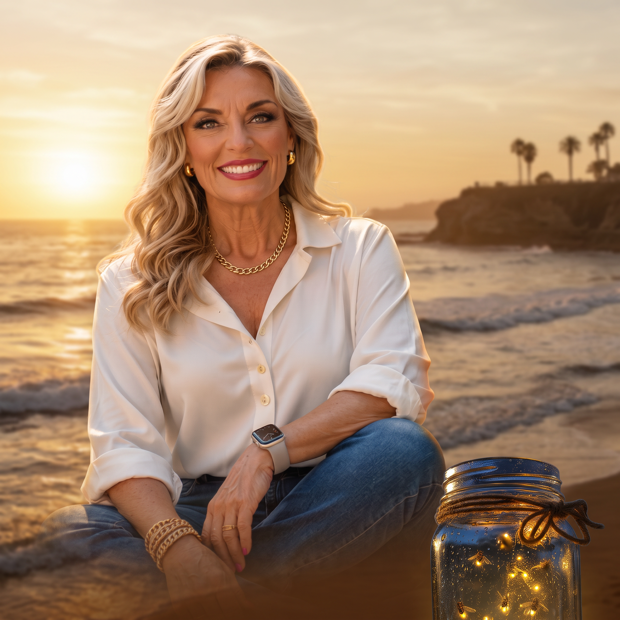 Jerri Kemble sitting on a San Diego beach at golden hour beside a glowing mason jar of fireflies